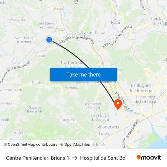 Centre Penitenciari Brians 1 to Hospital de Sant Boi map