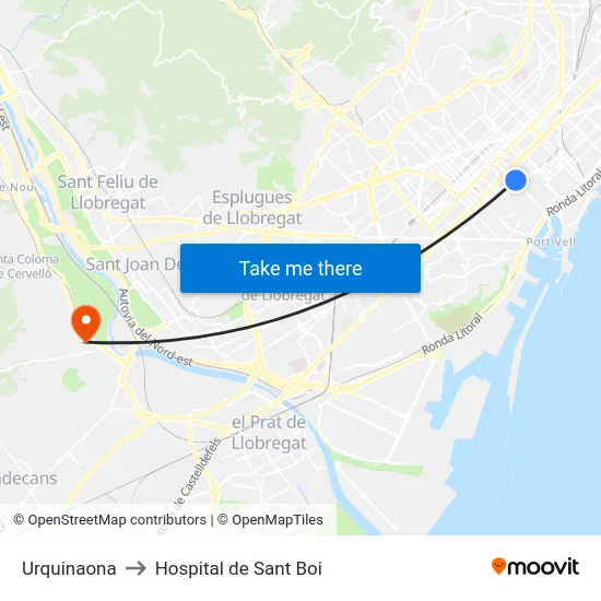 Urquinaona to Hospital de Sant Boi map