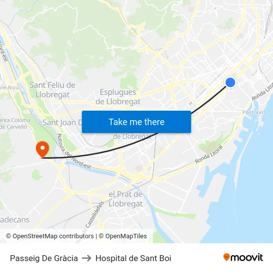 Passeig De Gràcia to Hospital de Sant Boi map