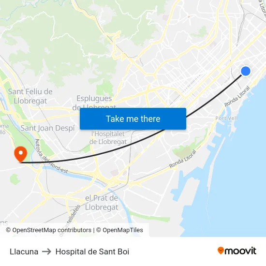 Llacuna to Hospital de Sant Boi map