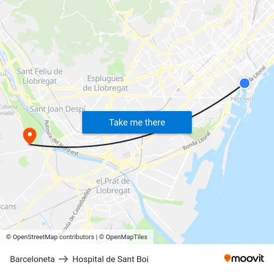 Barceloneta to Hospital de Sant Boi map