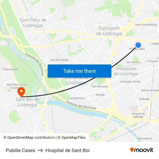 Pubilla Cases to Hospital de Sant Boi map