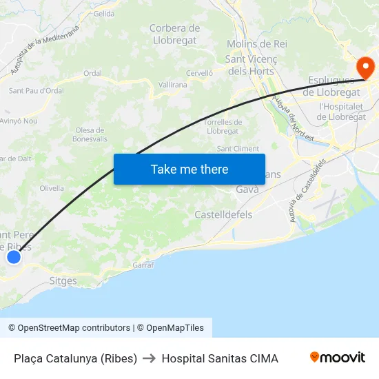 Plaça Catalunya (Ribes) to Hospital Sanitas CIMA map