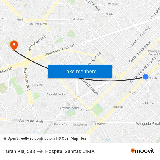 Gran Via, 588 to Hospital Sanitas CIMA map