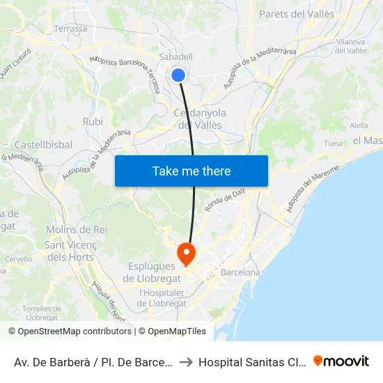 Av. De Barberà / Pl. De Barcelona to Hospital Sanitas CIMA map