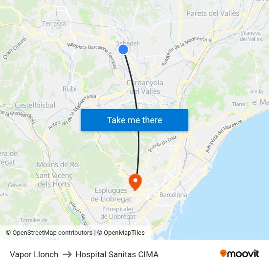 Vapor Llonch to Hospital Sanitas CIMA map