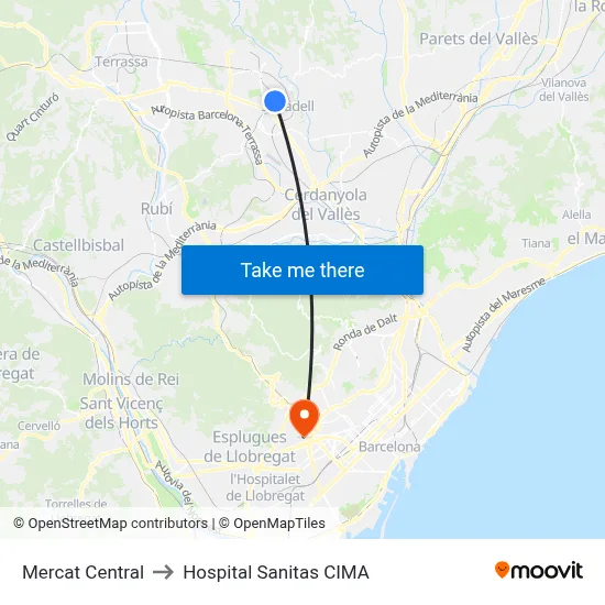Mercat Central to Hospital Sanitas CIMA map