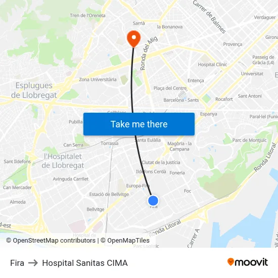 Fira to Hospital Sanitas CIMA map