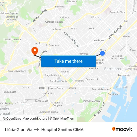Llúria-Gran Via to Hospital Sanitas CIMA map