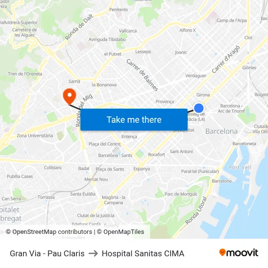 Gran Via - Pau Claris to Hospital Sanitas CIMA map