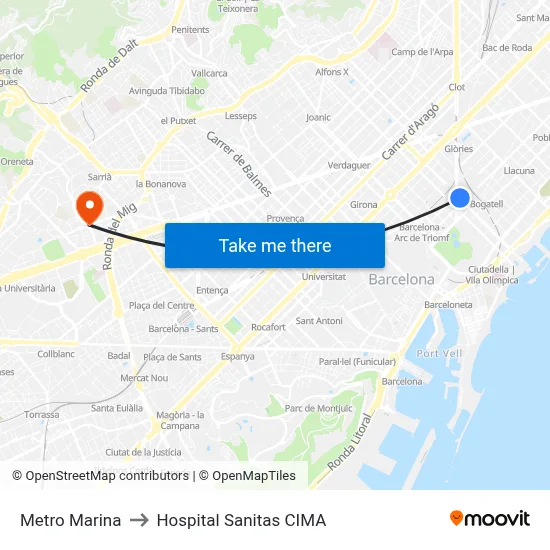 Metro Marina to Hospital Sanitas CIMA map