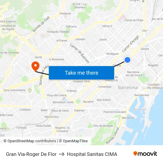 Gran Via-Roger De Flor to Hospital Sanitas CIMA map