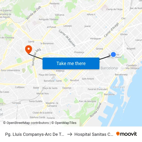Pg. Lluís Companys-Arc De Triomf to Hospital Sanitas CIMA map