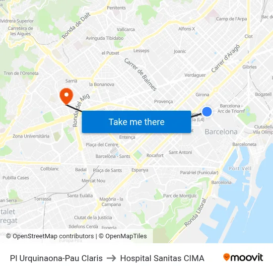 Pl Urquinaona-Pau Claris to Hospital Sanitas CIMA map