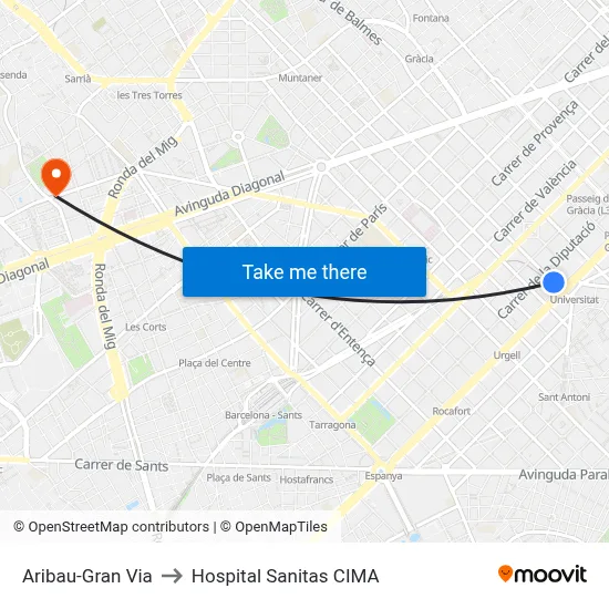 Aribau-Gran Via to Hospital Sanitas CIMA map