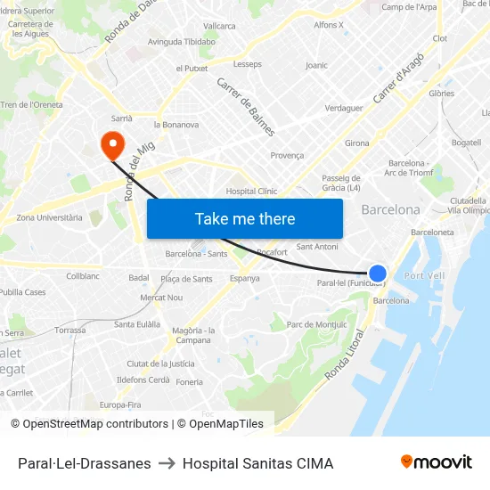 Paral·Lel-Drassanes to Hospital Sanitas CIMA map