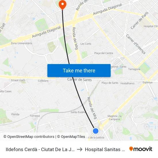 Ildefons Cerdà - Ciutat De La Justícia to Hospital Sanitas CIMA map