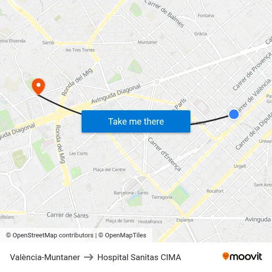 València-Muntaner to Hospital Sanitas CIMA map