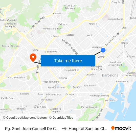 Pg. Sant Joan-Consell De Cent to Hospital Sanitas CIMA map