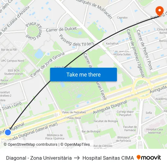 Diagonal - Zona Universitària to Hospital Sanitas CIMA map