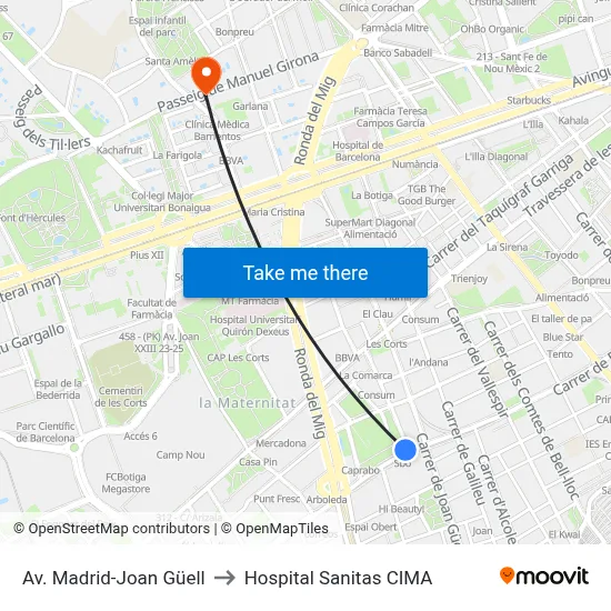Av. Madrid-Joan Güell to Hospital Sanitas CIMA map