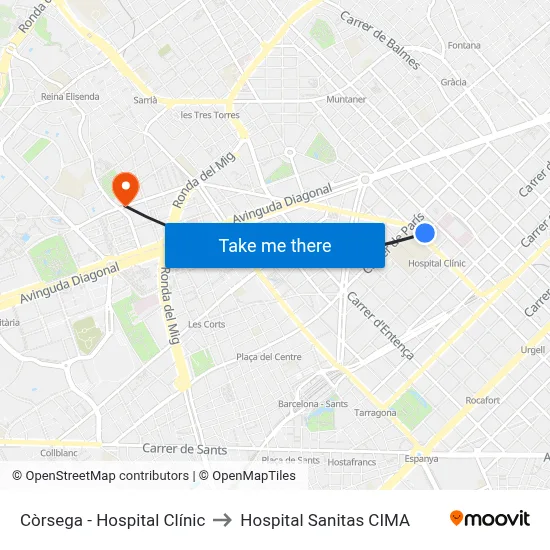 Còrsega - Hospital Clínic to Hospital Sanitas CIMA map