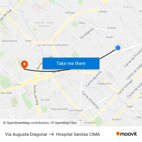 Via Augusta-Diagonal to Hospital Sanitas CIMA map