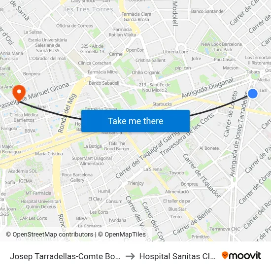 Josep Tarradellas-Comte Borrell to Hospital Sanitas CIMA map
