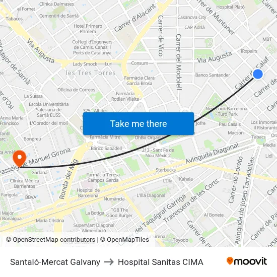 Santaló-Mercat Galvany to Hospital Sanitas CIMA map