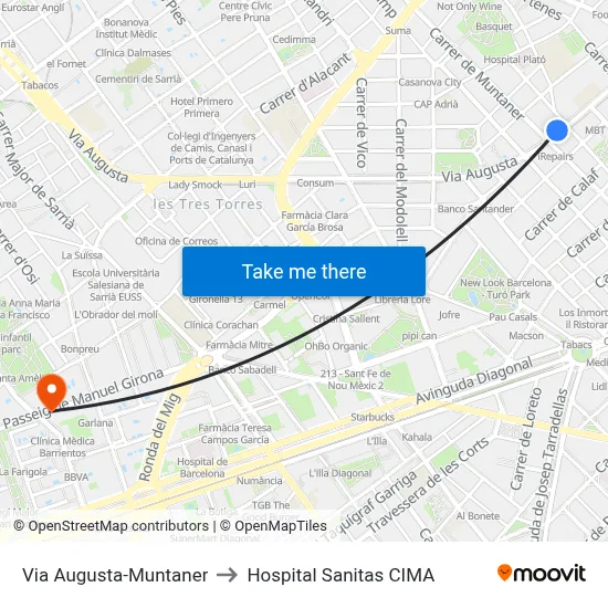 Via Augusta-Muntaner to Hospital Sanitas CIMA map