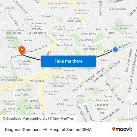 Diagonal-Ganduxer to Hospital Sanitas CIMA map