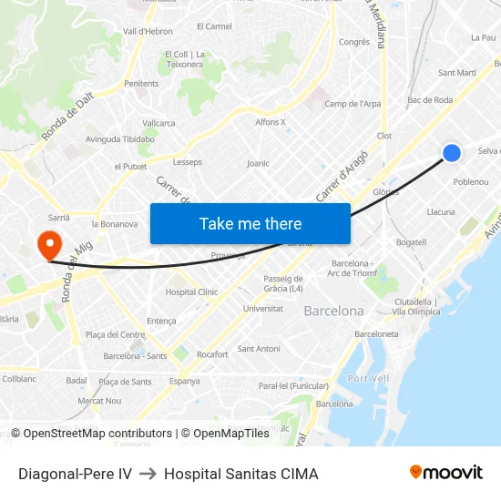 Diagonal-Pere IV to Hospital Sanitas CIMA map