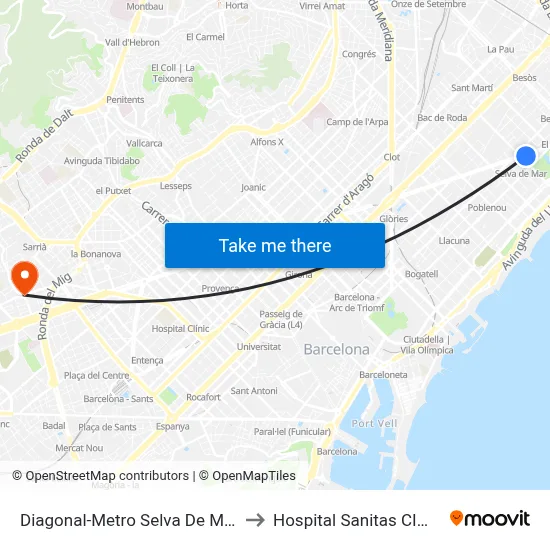 Diagonal-Metro Selva De Mar to Hospital Sanitas CIMA map