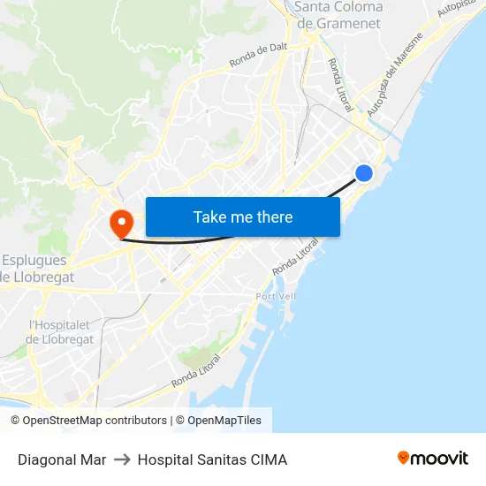 Diagonal Mar to Hospital Sanitas CIMA map
