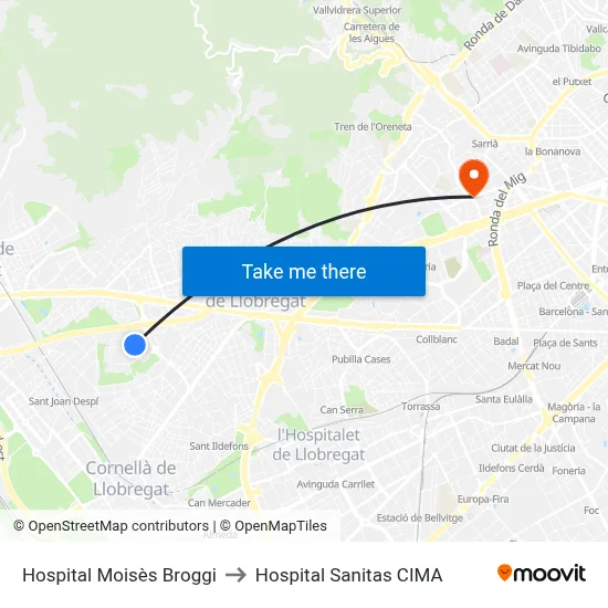 Hospital Moisès Broggi to Hospital Sanitas CIMA map