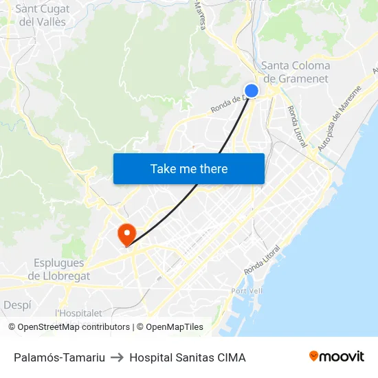 Palamós-Tamariu to Hospital Sanitas CIMA map