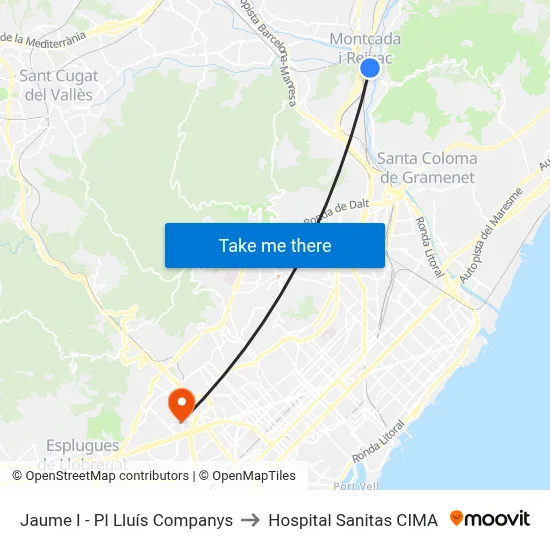 Jaume I - Pl Lluís Companys to Hospital Sanitas CIMA map