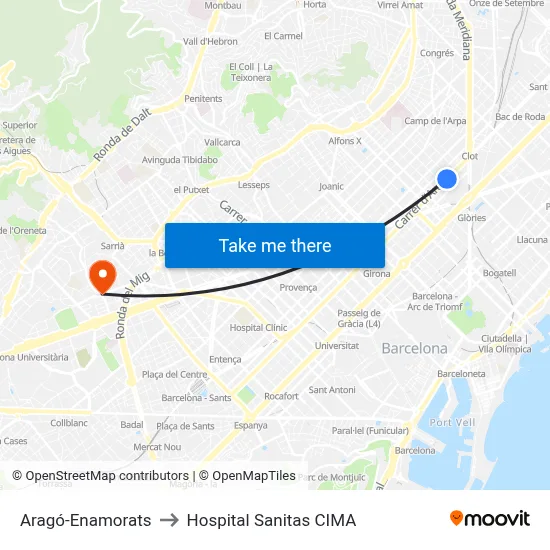 Aragó-Enamorats to Hospital Sanitas CIMA map