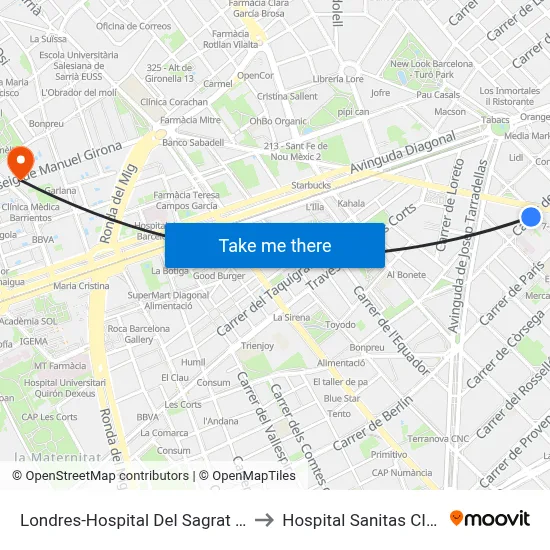 Londres-Hospital Del Sagrat Cor to Hospital Sanitas CIMA map