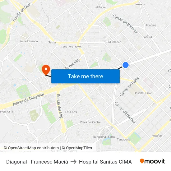 Diagonal - Francesc Macià to Hospital Sanitas CIMA map