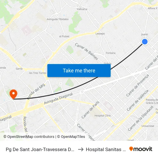 Pg De Sant Joan-Travessera De Gràcia to Hospital Sanitas CIMA map