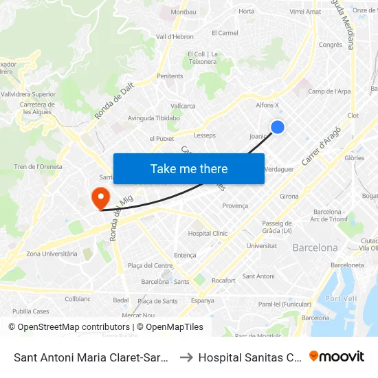 Sant Antoni Maria Claret-Sardenya to Hospital Sanitas CIMA map