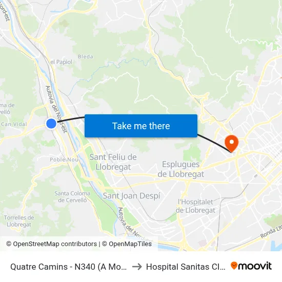Quatre Camins - N340 (A Molins) to Hospital Sanitas CIMA map