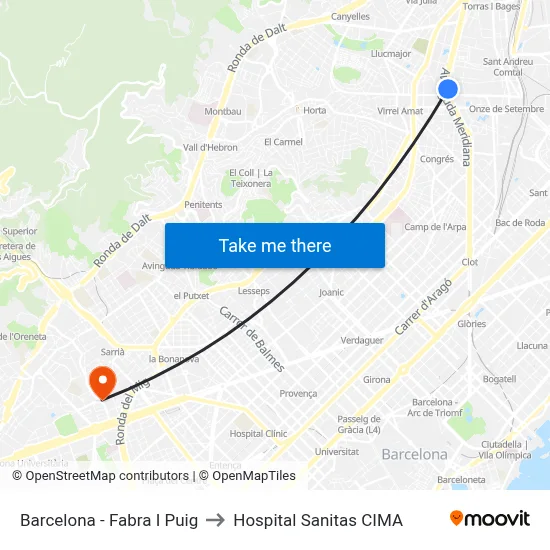 Barcelona - Fabra I Puig to Hospital Sanitas CIMA map