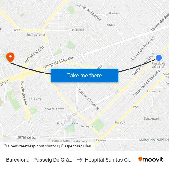 Barcelona - Passeig De Gràcia to Hospital Sanitas CIMA map