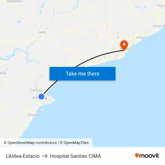 L'Aldea-Estació to Hospital Sanitas CIMA map