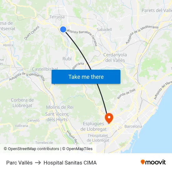 Parc Vallès to Hospital Sanitas CIMA map