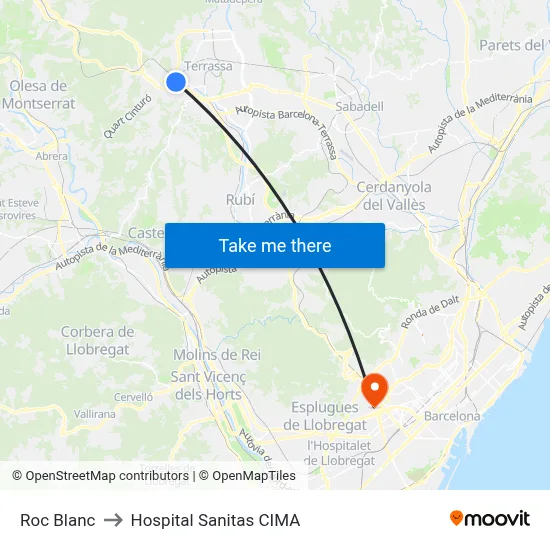 Roc Blanc to Hospital Sanitas CIMA map