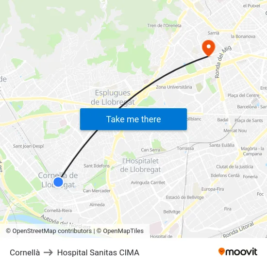 Cornellà to Hospital Sanitas CIMA map