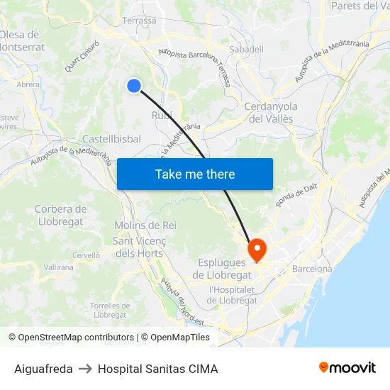 Aiguafreda to Hospital Sanitas CIMA map